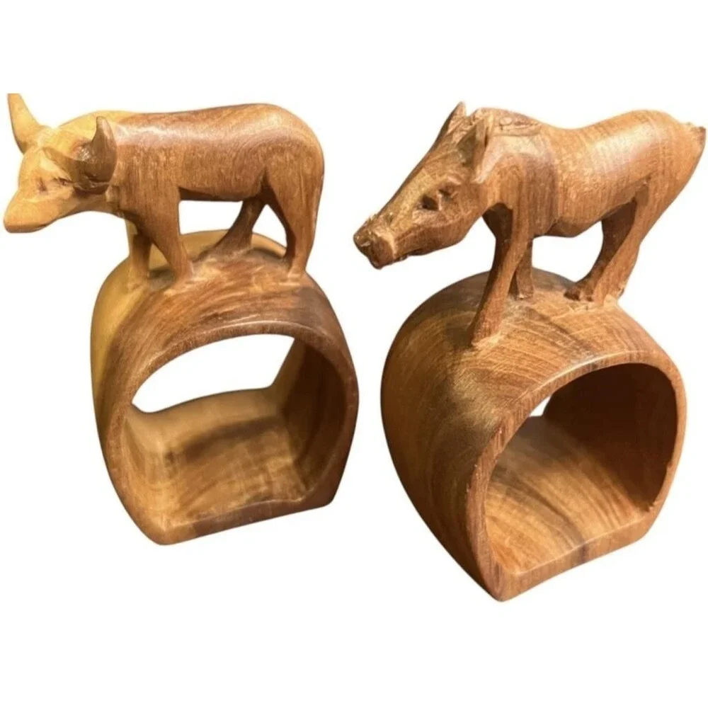VTG Set of 8 Carved Wood African Safari Animal Wooden Napkin Ring Holder 3-4